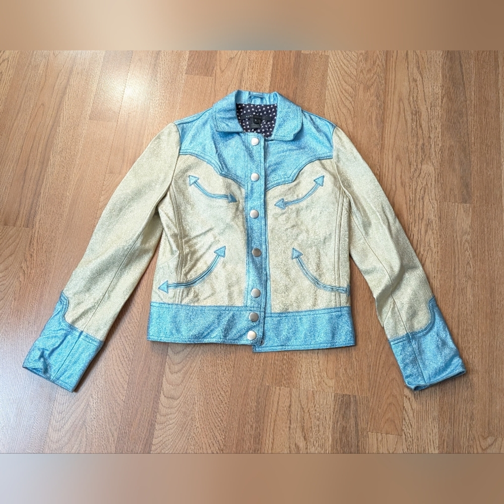 MARC JACOBS Blue western metallic womens cowboy leather Jacket vintage Coat sz S - Picture 9 of 13
